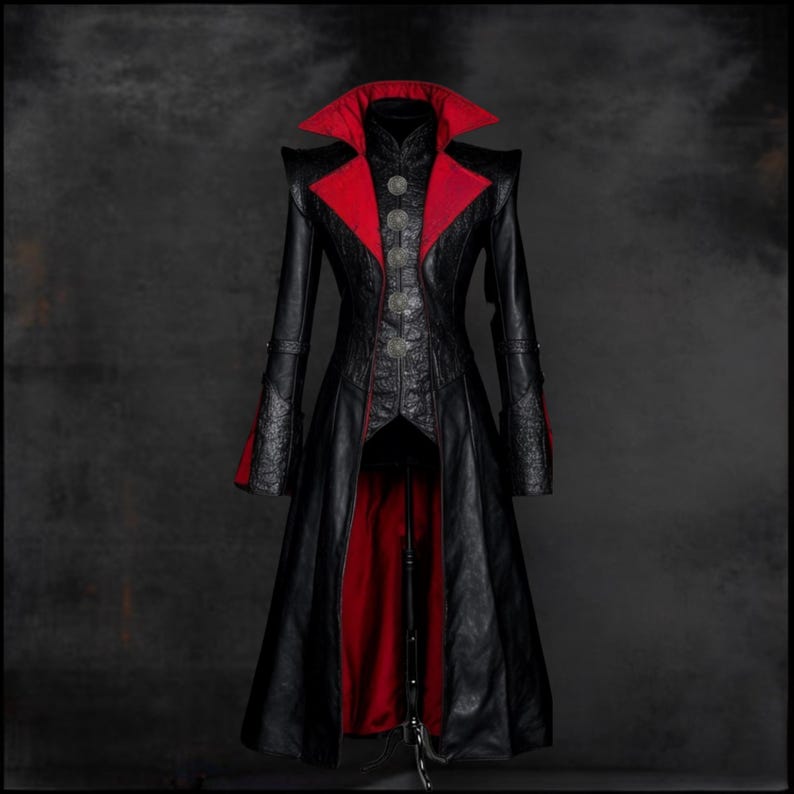 Pu&ograve; includere: Un lungo cappotto di pelle nera con fodera in raso rosso e un colletto alto. Il cappotto ha una vita stretta e una gonna svasata.