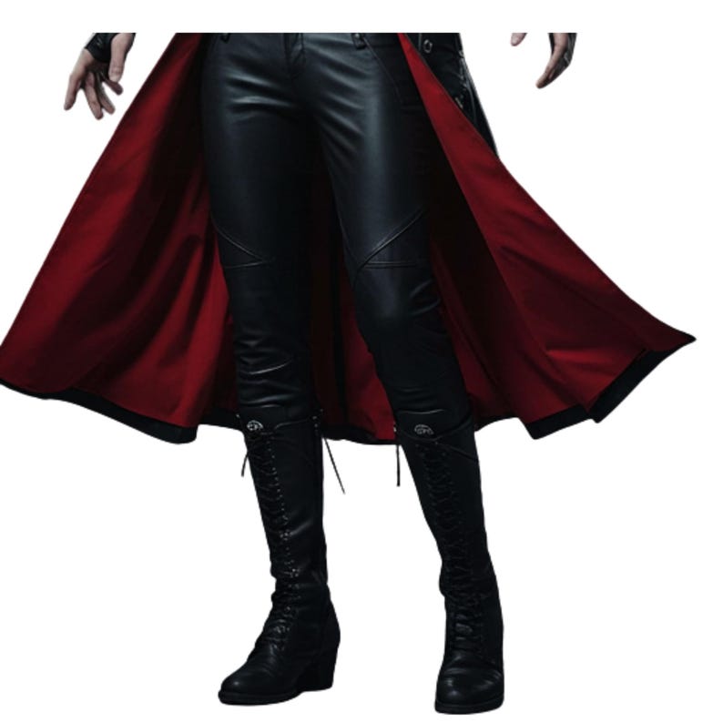 May include: Black leather pants and knee-high boots with laces. A long black coat with a red lining is open, revealing the pants and boots. The coat has a unique design, and the boots have a wedge heel.