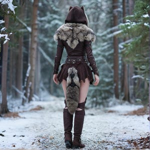 May include: A brown fantasy costume with a wolf-themed hood and fur trim. The outfit includes a fitted jacket, a short skirt, and knee-high boots. A faux fur tail hangs from the back. The person is walking in a snowy forest.