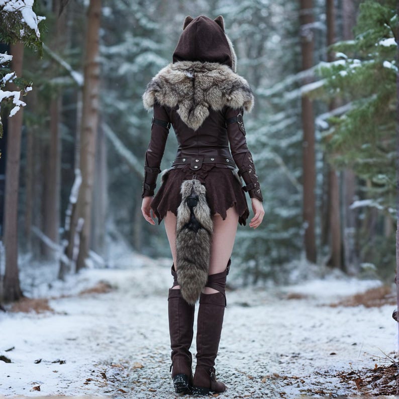 May include: A brown fantasy costume with a wolf-themed hood and fur trim. The outfit includes a fitted jacket, a short skirt, and knee-high boots. A faux fur tail hangs from the back. The person is walking in a snowy forest.