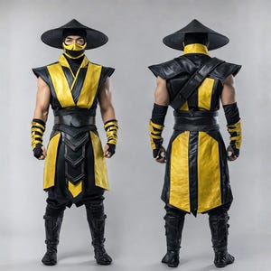 May include: A black and yellow costume, including a wide-brimmed hat and mask. The outfit features a tunic with a V-neck, arm and leg guards, gloves, and boots. The costume's design is reminiscent of a video game character. The costume is designed to be worn by a person.