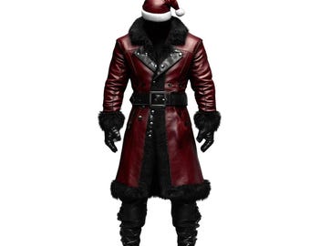Completo gotico da Babbo Natale fatto a mano in pelle di vacchetta: lungo cappotto rosso e cappello di pelliccia