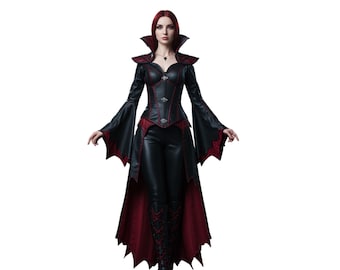 May include: A woman wearing a black and red gothic-style costume with a long cape and a corset. The costume has a bat wing design and the cape has a red lining.