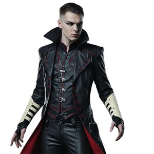 May include: Black leather coat with red stitching and lining. The coat features a high collar, decorative buckles, and white and black arm cuffs. The outfit has a gothic or steampunk aesthetic.
