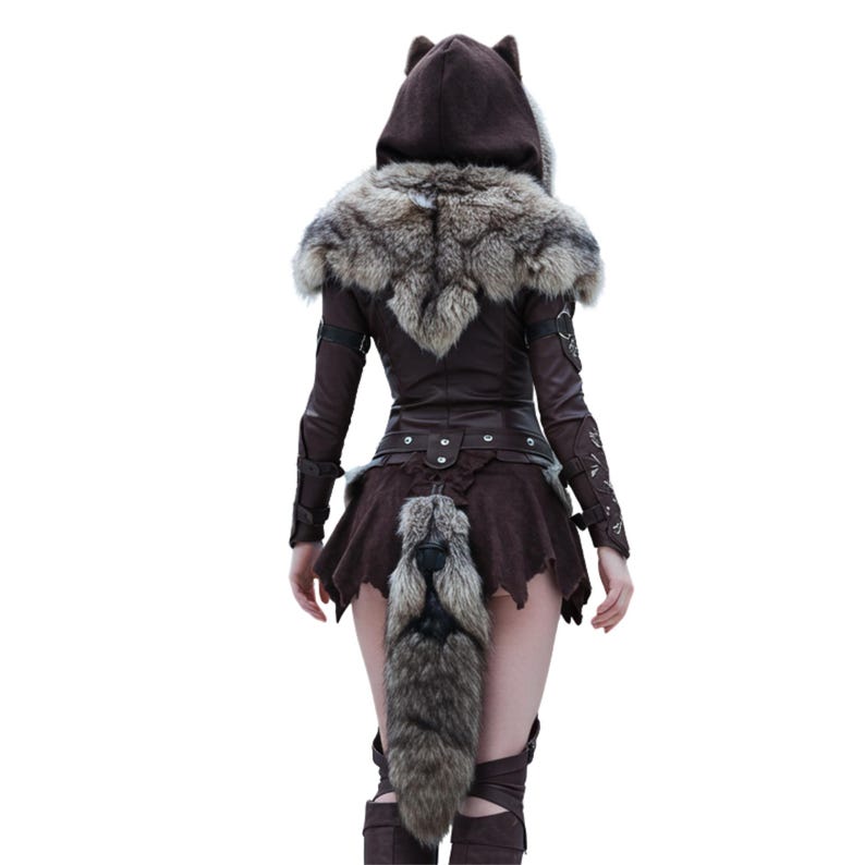 May include: A brown faux leather and suede costume with a wolf theme. The outfit includes a hooded jacket with faux fur trim, a matching skirt, and a tail. The sleeves have decorative detailing, and the boots are brown.