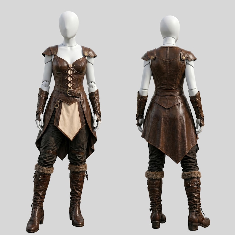 May include: Brown leather costume with a corset-style top, shoulder pads, and a skirt-like bottom. The outfit includes matching arm cuffs, pants, and knee-high boots with fur trim. The costume is displayed on a mannequin.