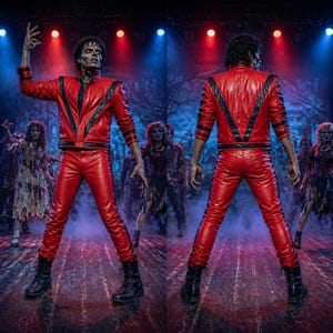 May include: A red leather jacket and matching red leather pants with black V-shaped accents on the chest and back, worn with black boots. The outfit features long sleeves with black stripes and a structured collar, presented in front and back views.