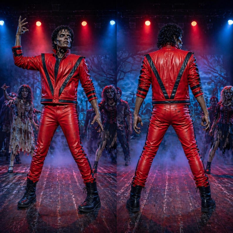 May include: A red leather jacket and matching red leather pants with black V-shaped accents on the chest and back, worn with black boots. The outfit features long sleeves with black stripes and a structured collar, presented in front and back views.