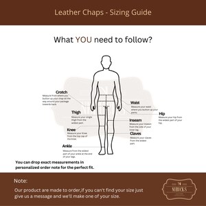 Puede incluir: Una gu&iacute;a de tallas para chaps de cuero, con un diagrama de una persona y puntos de medici&oacute;n: entrepierna, muslo, rodilla, tobillo, cintura, entrepierna, pantorrillas y cadera. El texto en la parte superior dice "Leather Chaps - Sizing Guide".