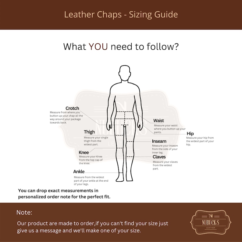 Puede incluir: Una gu&iacute;a de tallas para chaps de cuero, con un diagrama de una persona y puntos de medici&oacute;n: entrepierna, muslo, rodilla, tobillo, cintura, entrepierna, pantorrillas y cadera. El texto en la parte superior dice "Leather Chaps - Sizing Guide".