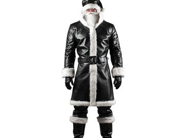 Completo da Babbo Natale gotico in pelle nera fatto a mano: cappotto natalizio con finiture in pelliccia