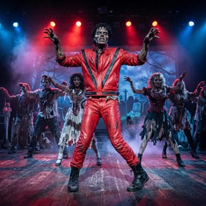 May include: A performer in a bright red leather jacket and matching red leather pants, styled as a zombie with dark makeup, stands center stage with arms raised. Several other performers in tattered, distressed clothing surround them on a wooden stage.