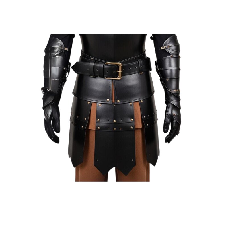 May include: Black leather armor with a belt and studded details. The armor includes gauntlets and a skirt.
