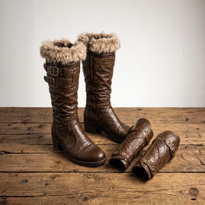 May include: A pair of brown leather boots with faux fur trim and buckle details, alongside matching leg warmers. The boots are tall, with a slight heel, and sit on a wooden surface. The leg warmers have buckle accents.