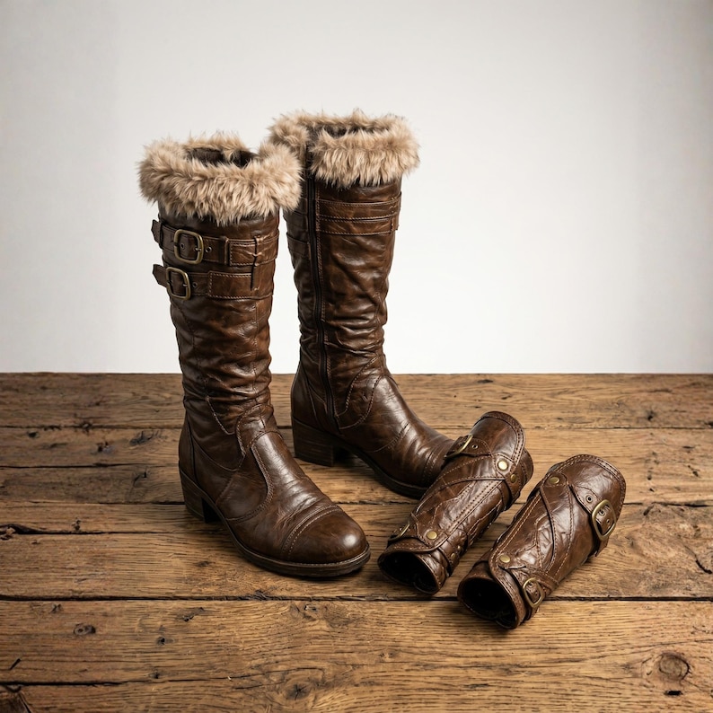 May include: A pair of brown leather boots with faux fur trim and buckle details, alongside matching leg warmers. The boots are tall, with a slight heel, and sit on a wooden surface. The leg warmers have buckle accents.
