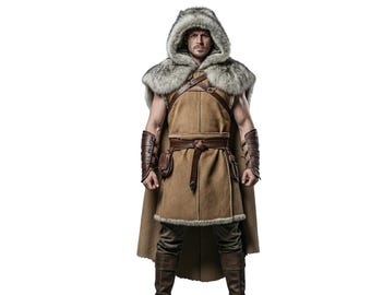 handmade Pure Cow Leather Sude Leather Tunic - Hooded Viking Cloak - Renaissance Costume