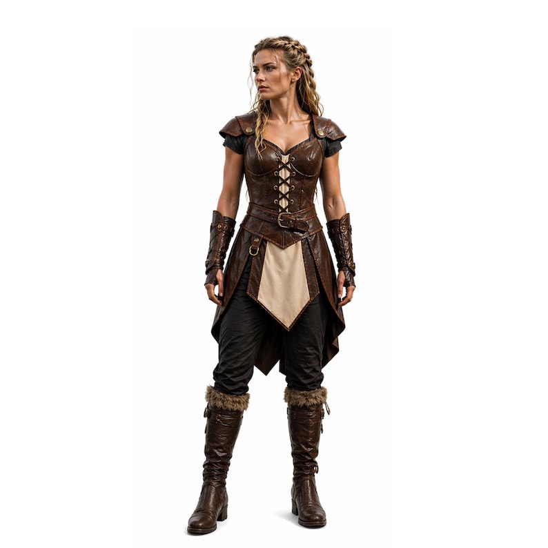 May include: A brown leather costume with a corset-style top, short sleeves, and a skirt with a cream-colored panel. The outfit includes matching arm guards, dark pants, and knee-high boots with fur trim. The woman is wearing the costume.