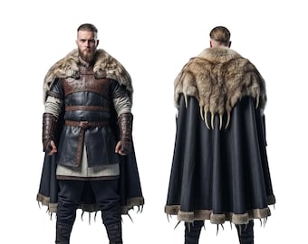 Handmade Viking Costume: Black Leather Tunic, Fur Cloak, Leather Bracers