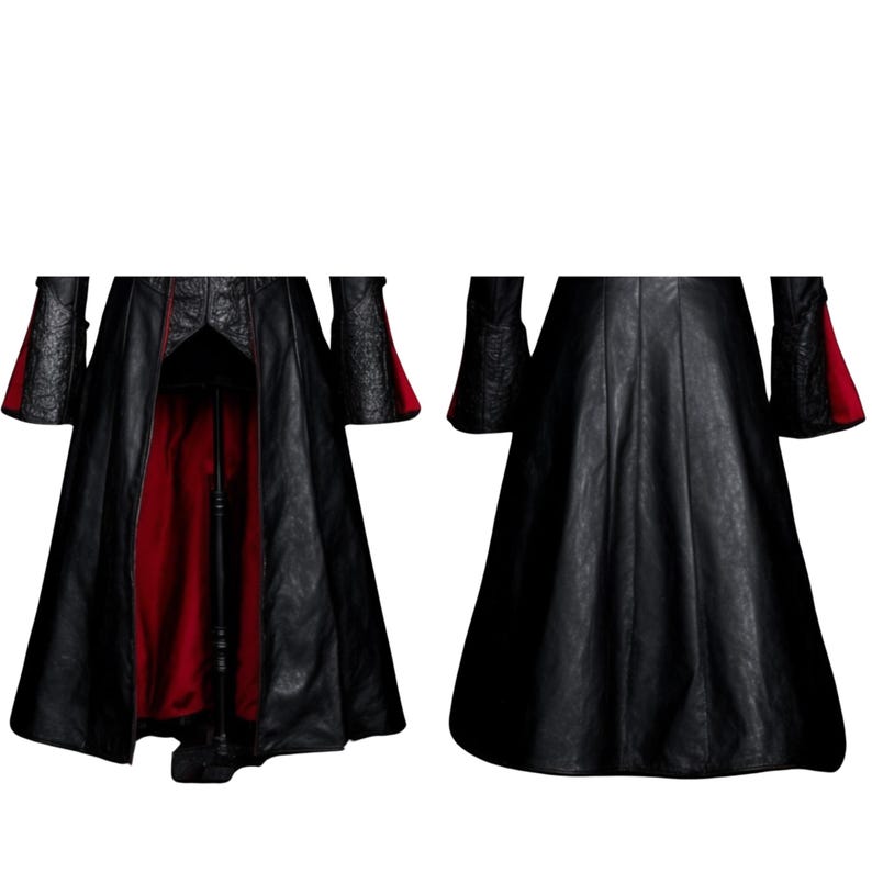 Pu&ograve; includere: Un cappotto di pelle nera con fodera rossa e maniche lunghe. Il cappotto ha un corpetto aderente e una gonna fluida.