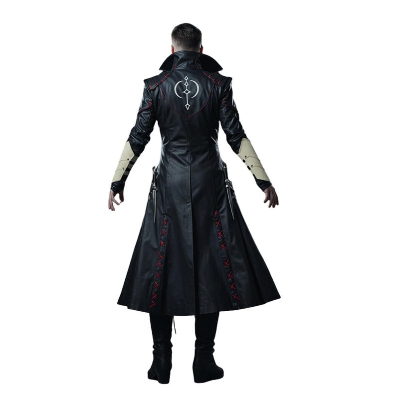 May include: Black leather coat with red stitching details and a white emblem on the back. The coat features a long, flowing design with decorative elements on the sleeves and front. The model is wearing black boots and pants.