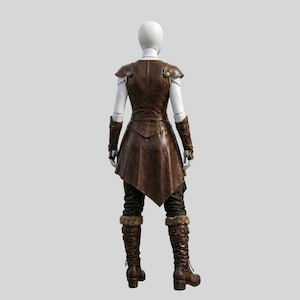 May include: A brown leather costume with a tunic, pants, and boots. The tunic has shoulder pads and a belt. The pants are dark with fur trim at the ankles. The boots are knee-high with buckles and fur trim.