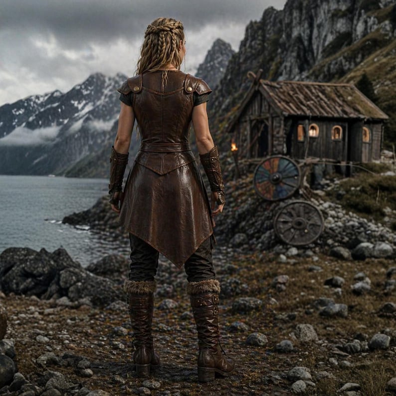 May include: A person wearing a brown leather tunic, matching arm guards, and knee-high boots, standing on a rocky shore. The background features a wooden structure, mountains, and a body of water under a cloudy sky. The outfit has a medieval or fantasy theme.