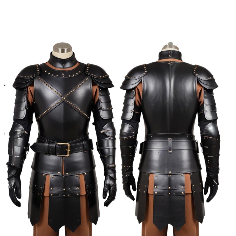 May include: Black leather armor with studded details. The armor includes a chest piece, shoulder pads, gauntlets, and a skirt.