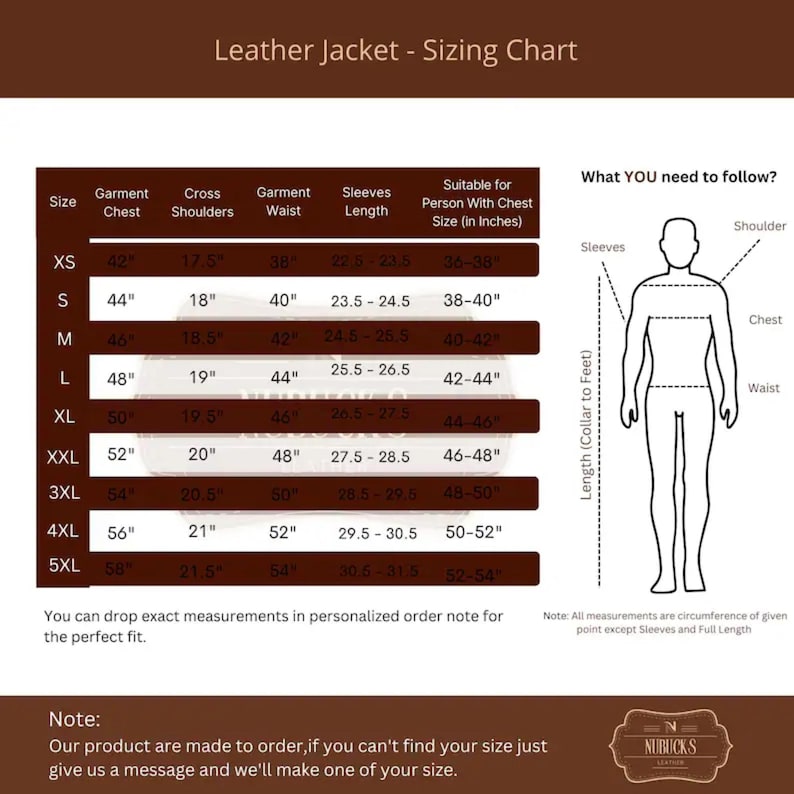 May include: A brown and white leather jacket sizing chart featuring a table with columns for size, garment chest, cross shoulders, garment waist, sleeves length, and suitable chest size in inches, alongside a diagram of a human figure.