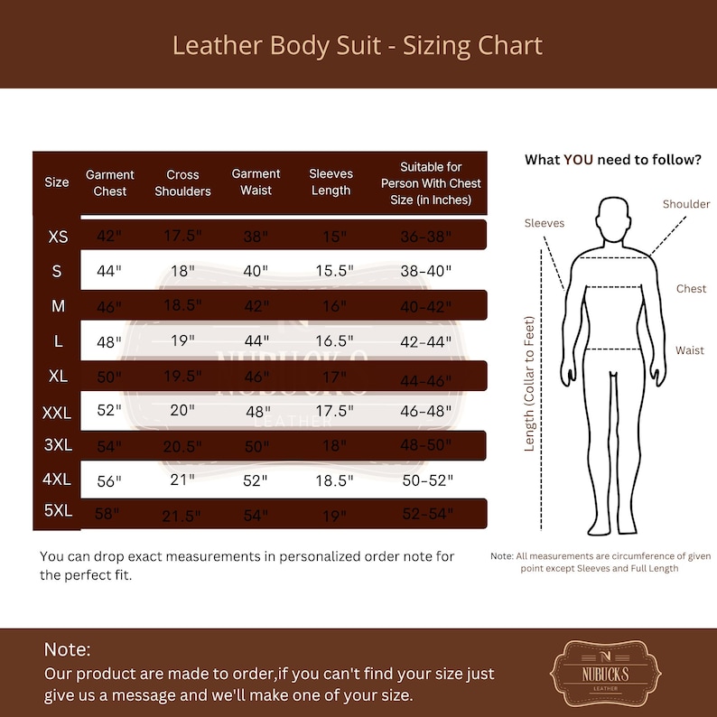 May include: A sizing chart for a leather bodysuit, featuring measurements in inches for chest, shoulders, waist, and sleeves. Includes a diagram illustrating how to measure the body. The chart provides sizes from XS to 5XL.