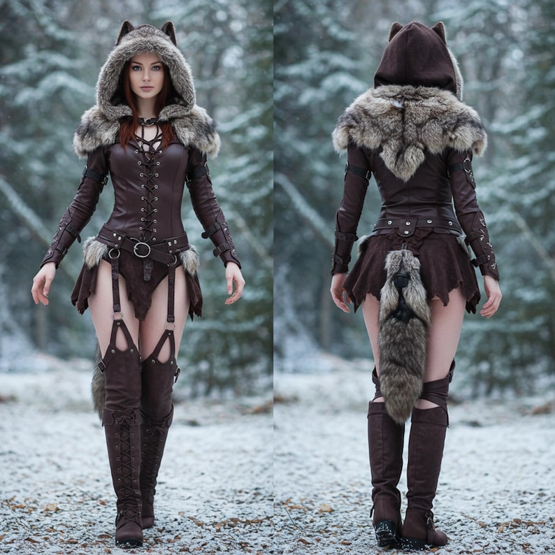 May include: A brown faux leather wolf costume with a fur-lined hood and shoulder piece. The costume includes a corset, skirt, and thigh-high boots. A faux fur tail is attached to the back of the skirt. The outfit is designed for cosplay or themed events.