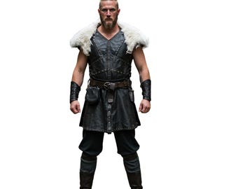 Handmade Black Leather Viking Jerkin Armor with Faux Fur - Ren Faire Cosplay Vest