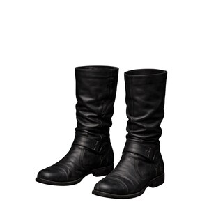 K&ouml;nnte beinhalten: Ein Paar schwarze Lederstiefel, mittlere Wadenh&ouml;he. Die Stiefel haben ein leicht abgenutztes Aussehen mit sichtbaren Falten und Gebrauchsspuren. Jeder Stiefel hat einen Schnallenverschluss am Kn&ouml;chel. Die Sohlen sind dunkel und der Stil ist robust.