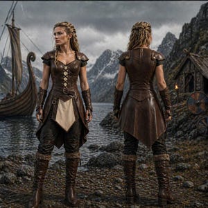May include: A brown leather costume with a corset-style top, short sleeves, and a skirt-like bottom. The costume includes matching arm guards and tall boots with fur trim. The background features a Viking ship, mountains, and a cloudy sky.