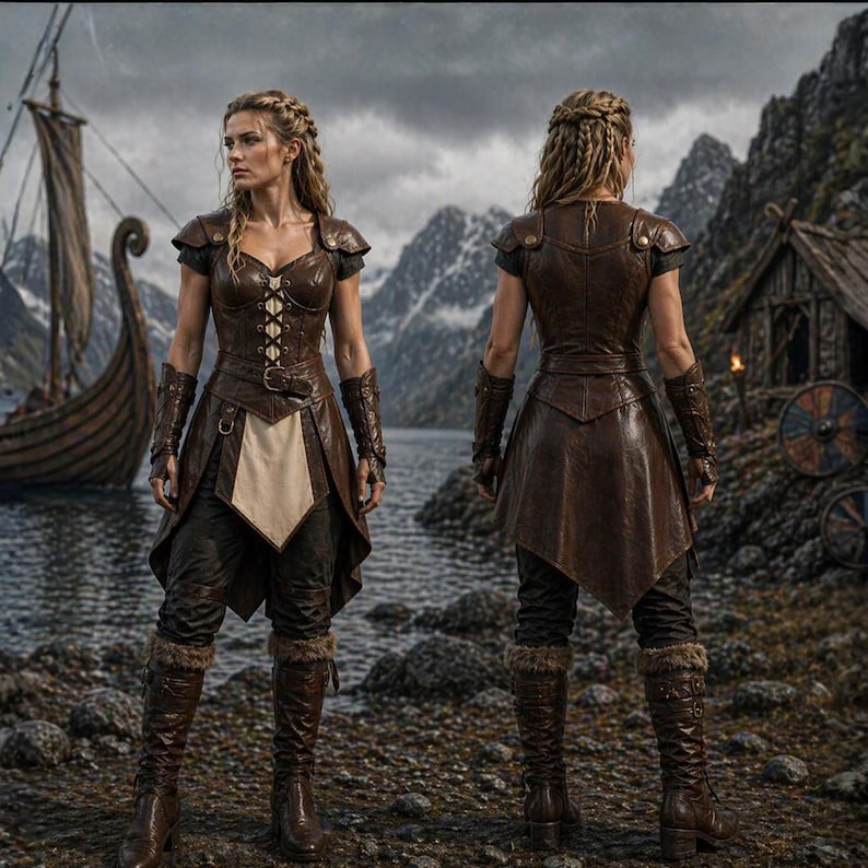 May include: A brown leather costume with a corset-style top, short sleeves, and a skirt-like bottom. The costume includes matching arm guards and tall boots with fur trim. The background features a Viking ship, mountains, and a cloudy sky.