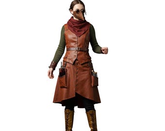 May include: A steampunk-inspired outfit featuring a brown leather vest, skirt, and boots. The ensemble includes a burgundy scarf, a plague doctor mask, and round goggles. The outfit has pockets and a belt, creating a unique, historical aesthetic.