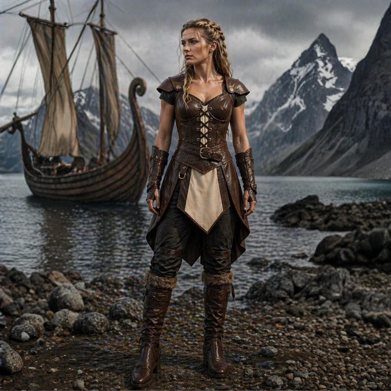 May include: A woman in a brown leather Viking costume stands on a rocky shore, with a Viking ship in the background. The costume includes a corset, skirt, and boots. Mountains and water complete the scenic backdrop.