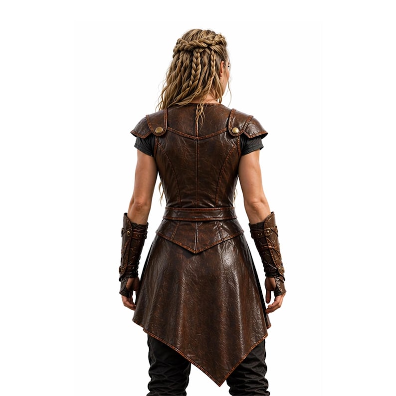 May include: A brown leather vest with shoulder pads and a matching belt. The vest has a textured appearance and is paired with arm cuffs. The model is wearing a gray t-shirt underneath and black pants.
