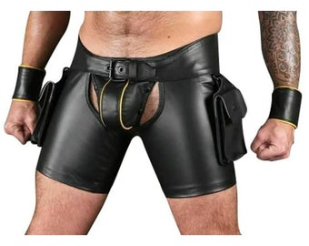 Exclusive Premium Men 100% Genuine Cow Leather Chap Rider Chaps Shorts In Black Color With WristBands- Assless chaps - Leather Chaps - Chaps