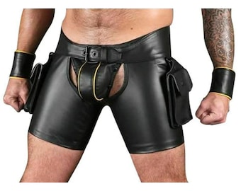 Pantalones cortos de cuero genuino para hombre, estilo motero, con muñequeras.