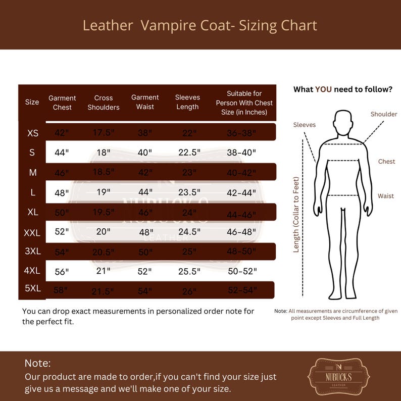 Pu&ograve; includere: Una tabella di taglie per un cappotto da vampiro in pelle. La tabella mostra le misure per petto, spalle, vita, maniche e lunghezza in pollici. La tabella include anche un diagramma di una persona che indossa il cappotto, con etichette per petto, vita e spalla.