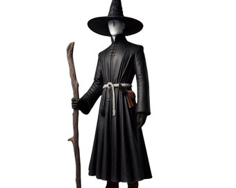 Genuine Cow Leather Handmade Wizard Cosplay Robe, Cloak, and Hat for Halloween- Perfect Witchcraft medieval cosplay with Witch Bag