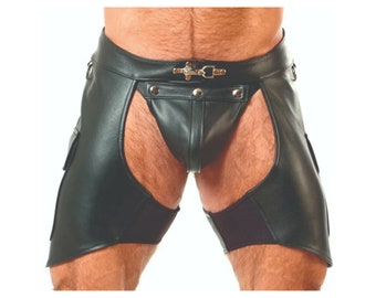 Chaparreras de cuero genuino de vaca para hombre: Pantalones cortos de cuero negro