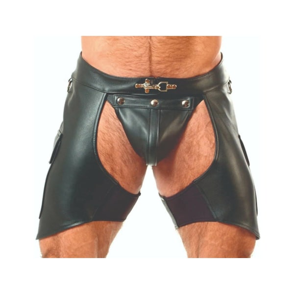 Exclusive Premium Men 100% Genuine Cow Leather Chap Rider Chaps Shorts In Black Color - Assless chaps - Leather Chaps - Chaps