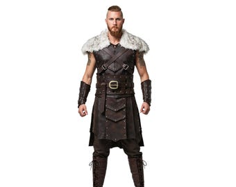 Handmade Brown Leather Viking Armor with Fur Mantle - Cosplay Costume