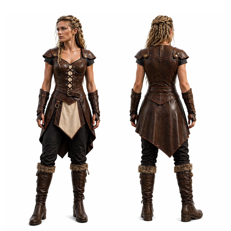 May include: A brown leather costume with a corset-style top, short sleeves, and a belt. The outfit includes matching arm guards, black pants, and knee-high boots with fur trim. The costume is designed with a medieval or fantasy theme.