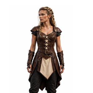 May include: A brown leather corset-style top with a lace-up front, paired with matching arm cuffs and a belt. The outfit includes a beige panel and a layered skirt, worn with dark pants. The overall style is reminiscent of fantasy attire.
