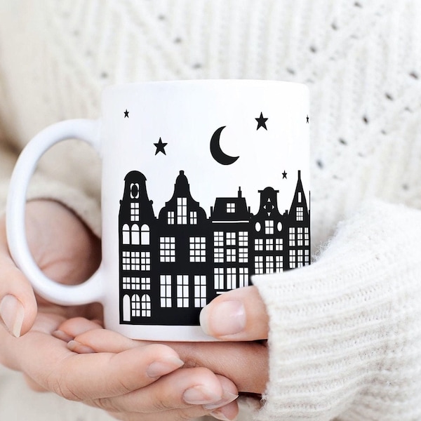 Tasse Amsterdam bei Nacht, Scherenschnitt, Geschenk zu Weihnachten