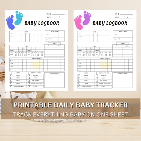 Page de suivi quotidien de bébé imprimable | Carnet de bord de suivi de bébé bricolage | Journal des flux | Carnet de naissance