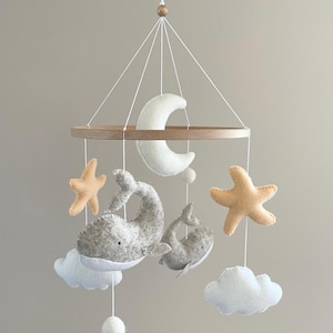 Wooden and felt marine baby mobile, whales and starfish, ocean mobile, birth gift