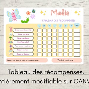 Peut inclure: Un tableau imprimable jaune et rose avec un motif de papillon et de fleurs. Le tableau est intitulé "Maêle TABLEAU DES RÉCOMPENSES" et comporte une grille pour suivre les récompenses quotidiennes. Le tableau comprend une liste de tâches telles que "Se lever et se coucher sans chich", "Brosser mes dents", "Manger mes légumes", "Dire Merci et SVP", "Faire mes devoirs dans le calme", "Prendre mon bain", et "Ranger ma chambre".